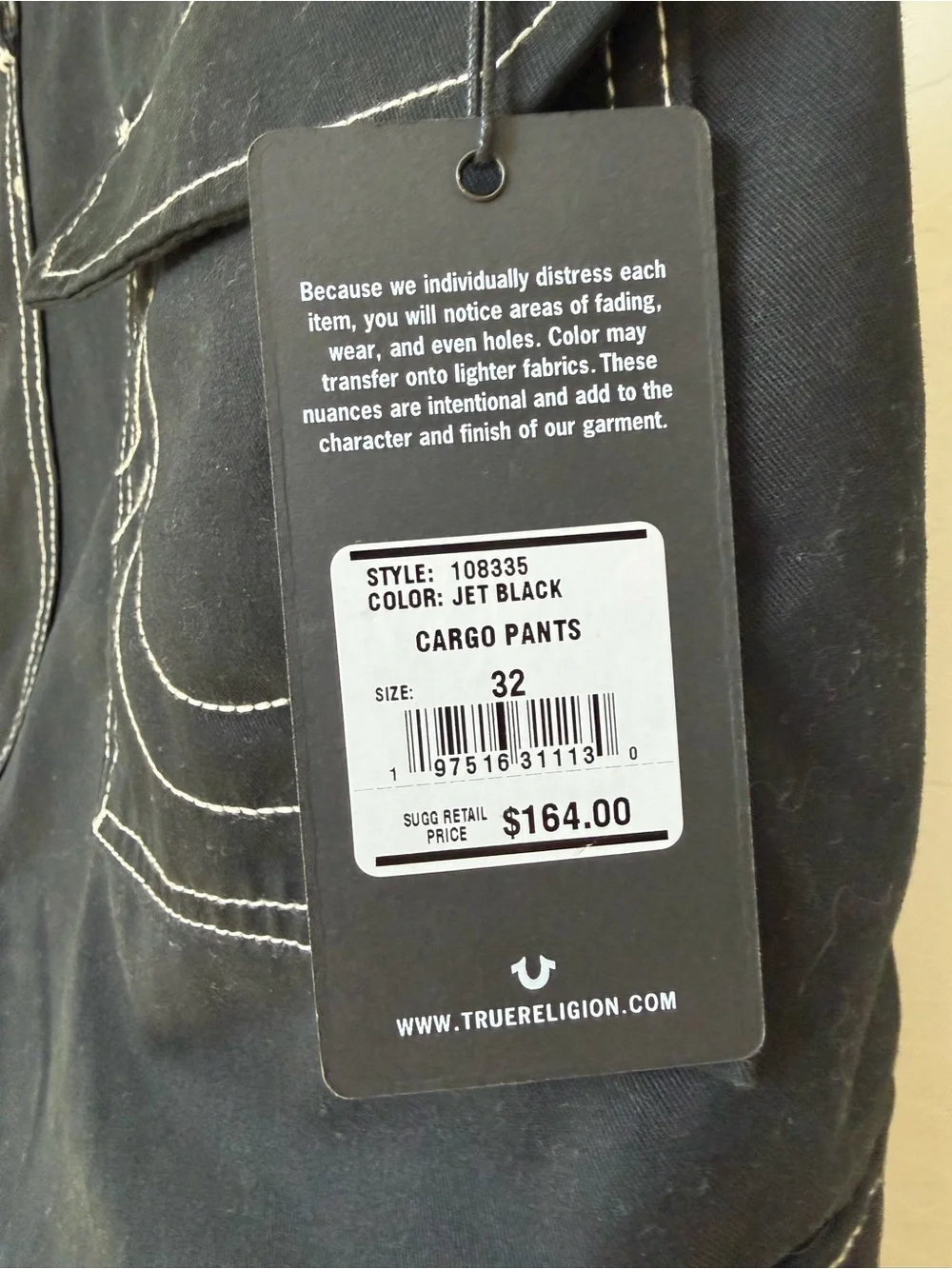 True Religion Cargo Pants Mens 32 Jet Black Horseshoe Contrast Stitch NWT